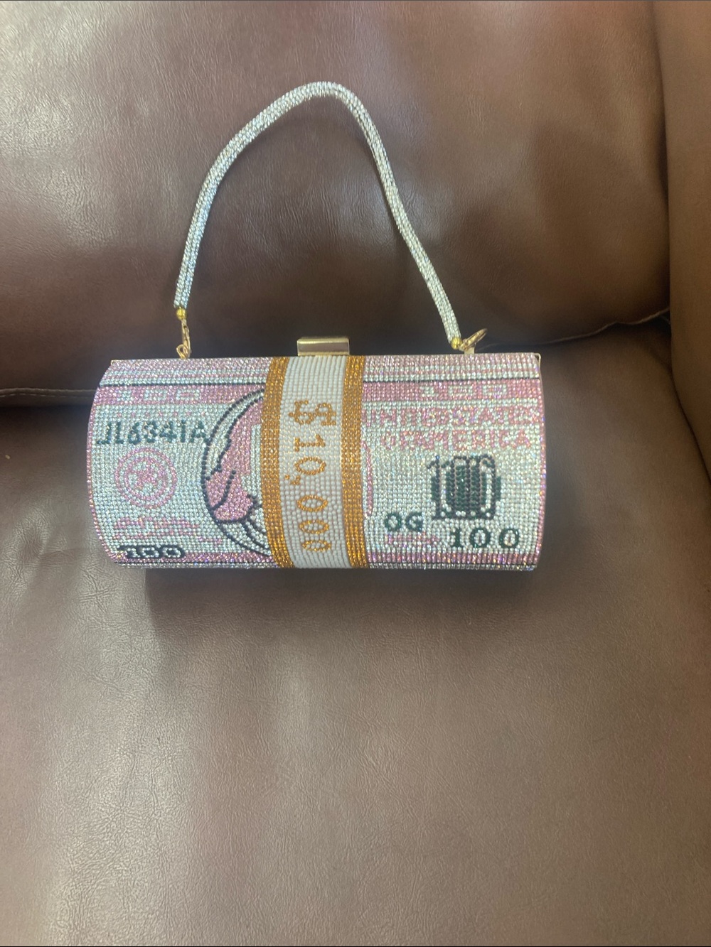 Pink Crystal Money-Print Evening Clutch